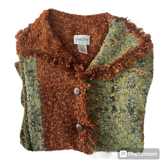 Chico's Women’s Button Down Knit Sweater Earth Tone Colors Boho Style Medium - Picture 2 of 7